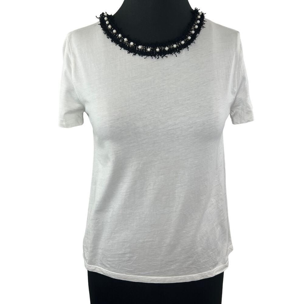 ZARA Woman White Pearl Fringe Round Neckline Short Sleeve Pullover Top Size S